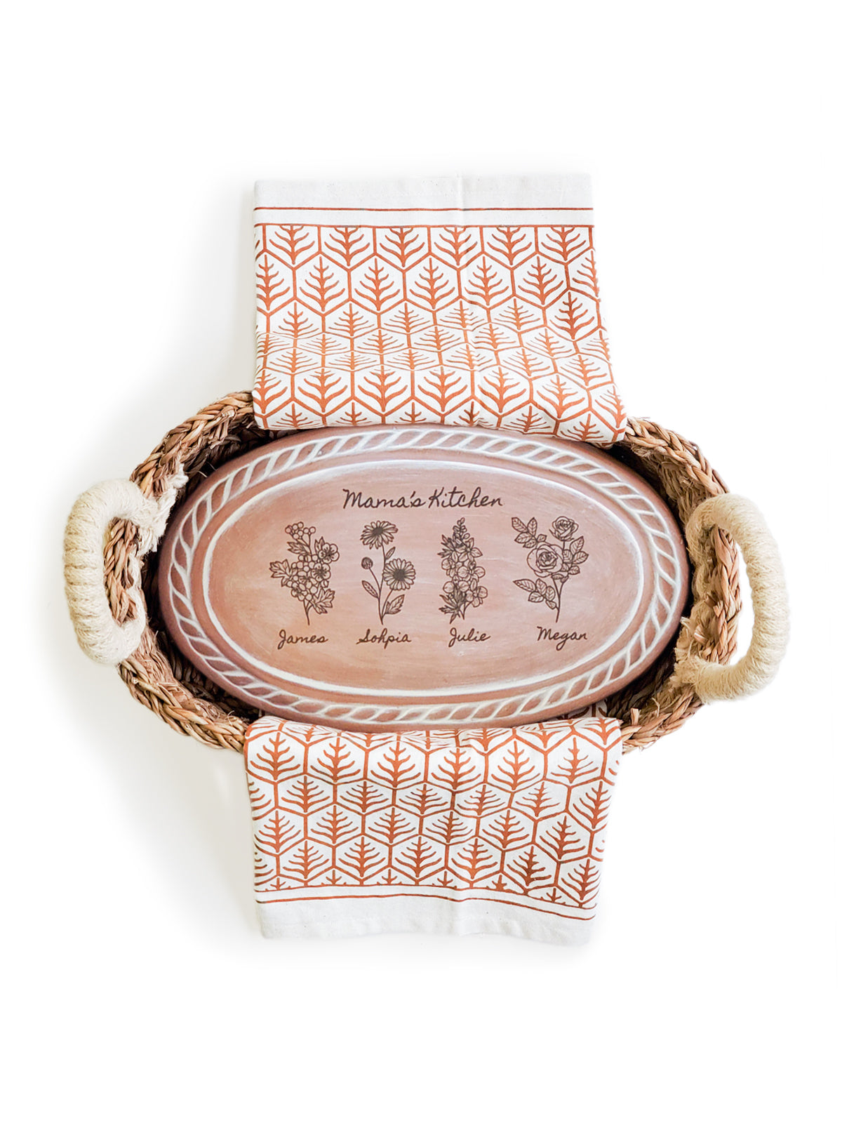 Personalized Bread Warmer & Basket Gift Set with Tea Towel - Birth Flower Oval